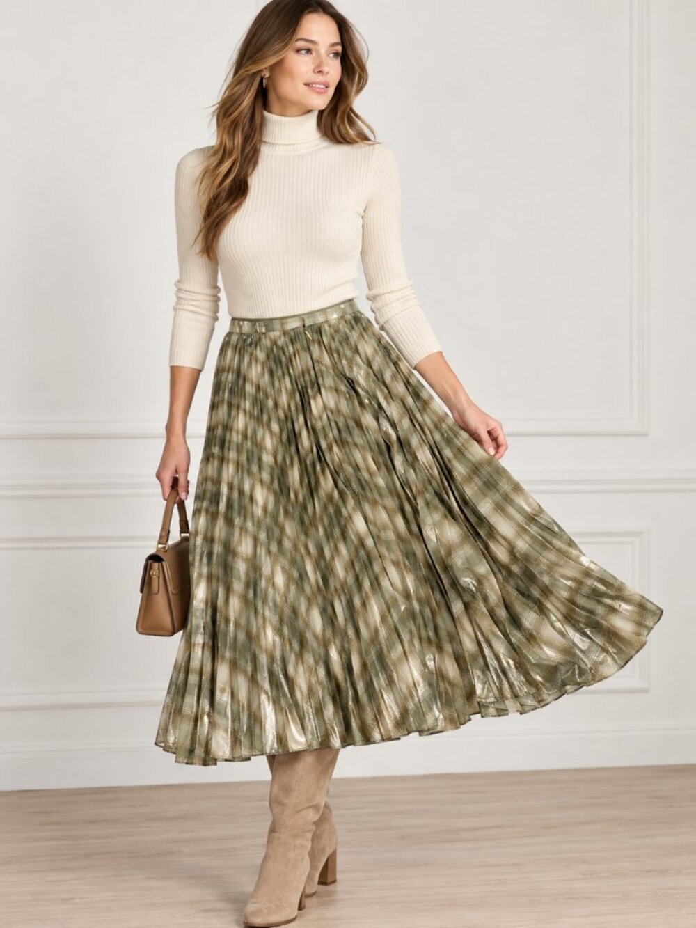 Lauren Ralph Lauren Women’s 8 Metallic Plaid Pleated Midi Skirt Cream Olive NWT
